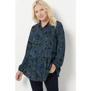 Logo Lori Goldstein Top Women's XS Green Blue Floral Button Up Peplum Ruffled